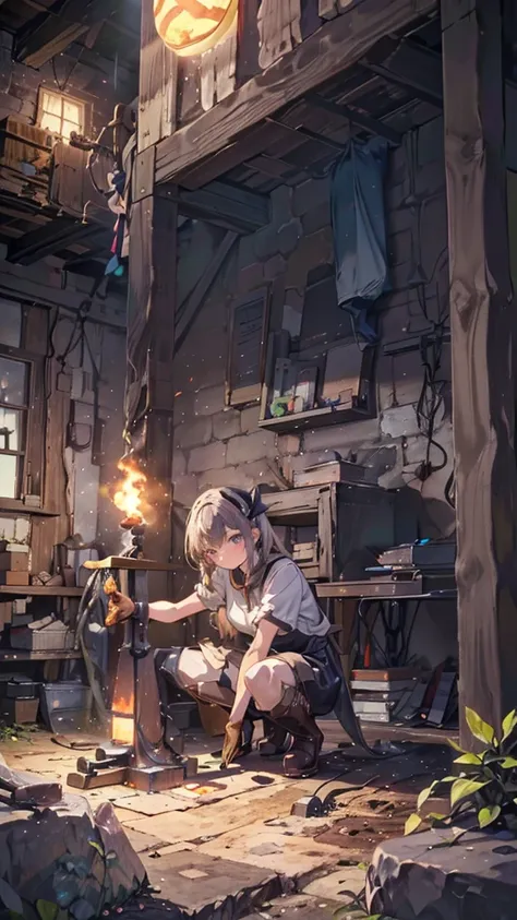 (Blacksmith girl student, Teenage Girls, Soft lips, Glowing Skin, Braided Hair, Soft Skin:1.25, Hair Ribbon, Concentrated expression,Long gloves:1.25,Swing the hammer high,holding a hammer in hand,Staring at the sword,she:1.25,Get down on one knee,Squat、Le...