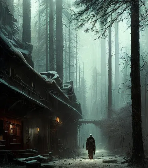 Lovecraftian horror: A The Veil of Despair, a lost and abandoned town, in the nearby cursed  edar woods, a sinister figure with a knife walking slowly towards a group of campers sitting around a logfire, atmospheric visual narrative that focuses on tension...