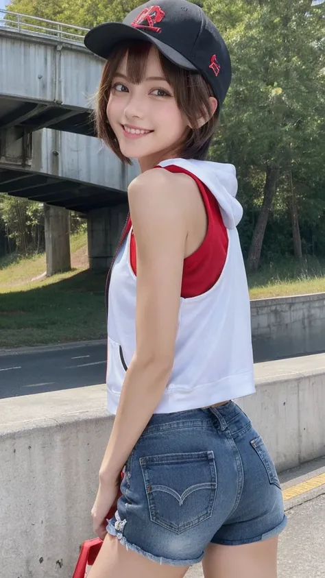 masterpieceTop qualityHighly detailed, 8k, Realistic, One Girl, Alone, Tomboy, Very detailed face, (Upper body photo:1.5), Hip-hop graffiti on a bridge over which a train runs, Pixie cut brown hair, short white tank top、He is wearing an unzipped red hoodie...