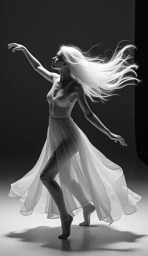 A dynamic series of high-contrast, black and white photographs capturing a dancer or performer with flowing, white hair moving through a choreographed routine, using unpredictable angles and a sense of fluidity to convey the elegance and fleeting nature of...