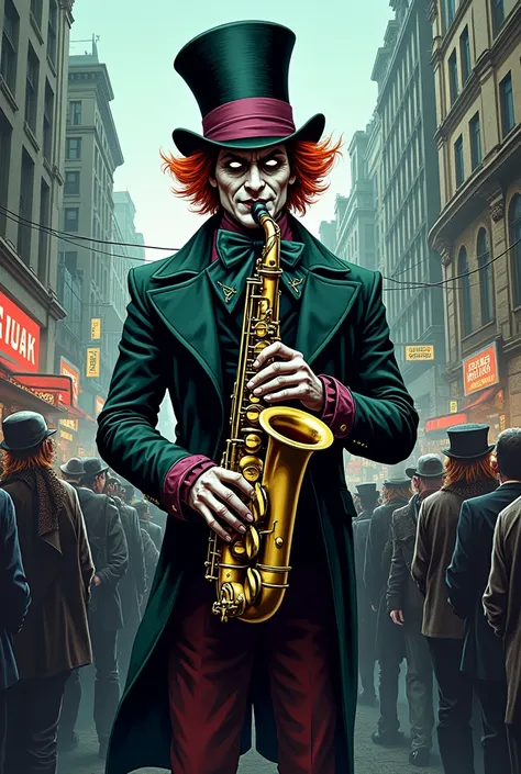 create a picture of The Mad Hatter, fierce sharp eyes, devious smirk, playing mind controlling saxophone in the middle of the bustling city, hipnotized plenty of people, realistic color comic illustration with strong influence of Don Lawrence style