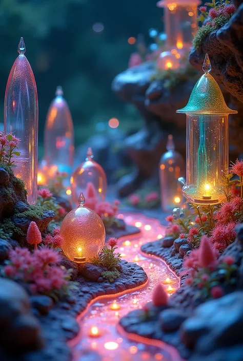 Miniature of fantastic glass rainbow celestial garden world. Background is dark fantasy