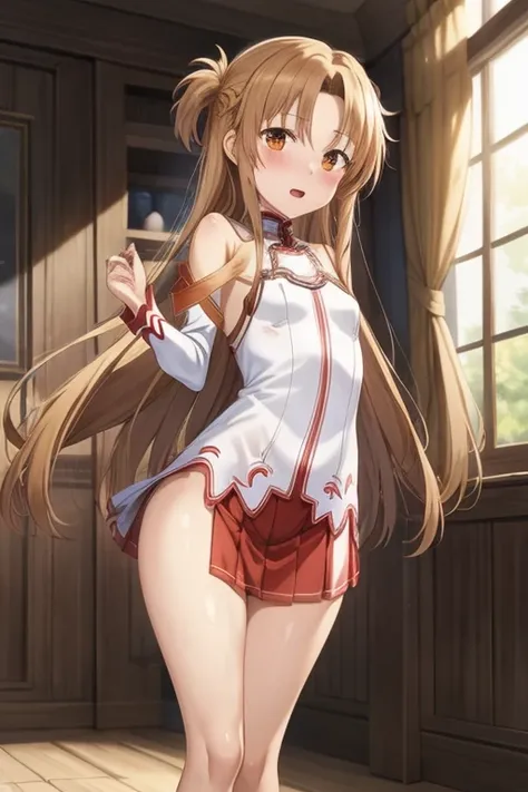 ((Best Quality)), ((masterpiece)), (be familiar with), Perfect Face, indoor, bedroom, Watching the audience,
One woman, Yuuki Asuna,
Open Mouth, Ecstatic expression, blush, smile,
Small breasts, Flat Chest, , , child, Girl,
Long Hair, Long Hair,
Leg spread...