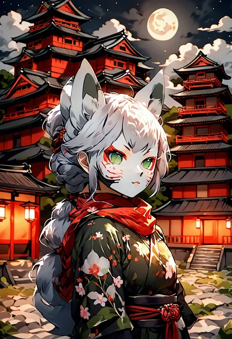 Ninja woman short silver hair kitsune mask green eyes, roupa nija shinobi, adaga, red scarf, Japanese castle, Feudal Japan, crescent moon night.