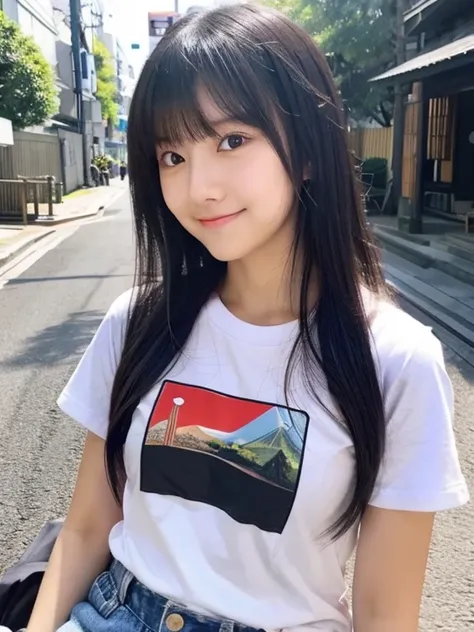 long-Hair,reality,selfie,Japan, female college student, black hair, round eyes, round face, cute, 8k, Tight and narrow t-shirt