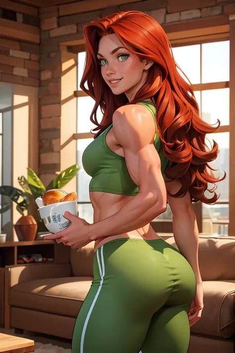 Athletic fit 30 year old woman, long wavy red hair down her back, big beautiful green eyes, freckles, muscle tone, wearing baggy sweatpants and a fishnet top , small muscle definition in shoulders, curvy, wide hips, thick thighs, nice big muscular ass, mat...