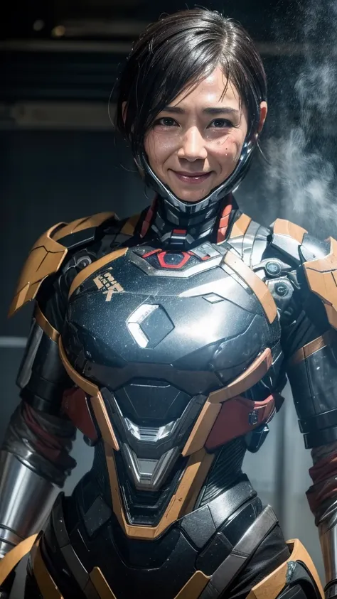 best quality　8k (war machine)　cyborg middle-aged woman　　sweaty face　　short hair　　steam coming out of my head　my hair is wet with...