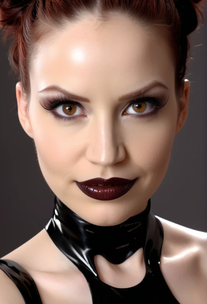 close up portrait photo of bncbchmp ,  very evil smile, very dark eye shadow, extra light brown eyes, extra dark makeup, dark brown lipstick, very pale skin,  scared, action pose, facing viewer, accurate lighting, wearing black latex outfit, (masterpiece, ...