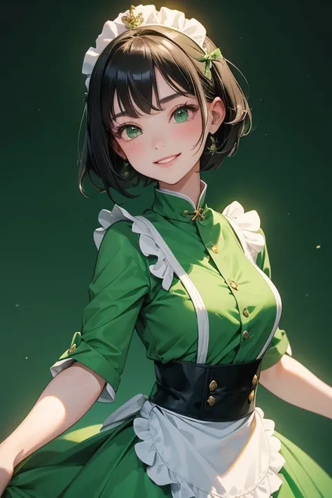 teenage girl with short black hair. wearing green maid outfit. smiling. green background.