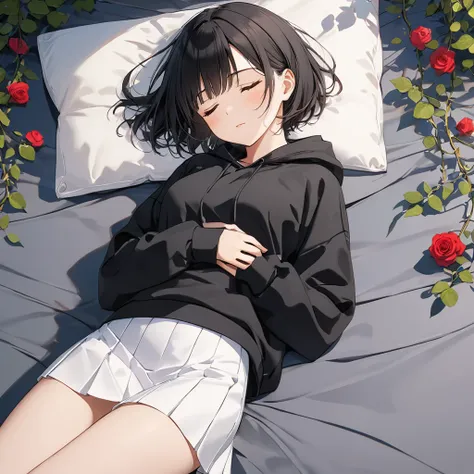 anime、((Amazingly absurd)),(masterpiece:1.2),超High resolution, Attention to detail, high quality, High resolution, 最high quality, 4K, 8k、One woman,Hands on chest,The woman is sleeping,Eyes closed,Straight face,Black Hair,Short Hair,Black hoodie,White mini ...