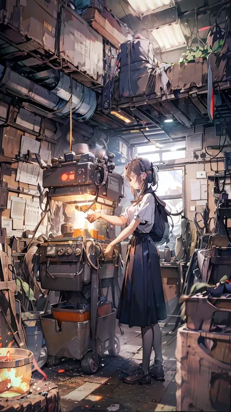 female mechanical engineering student,hair clip,machine being disassembled