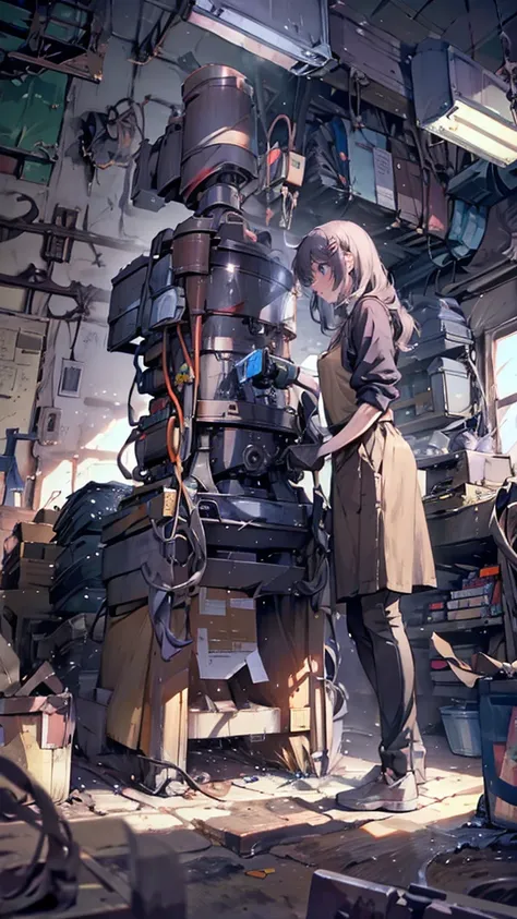 female mechanical engineering student,hair clip,machine being disassembled,robot