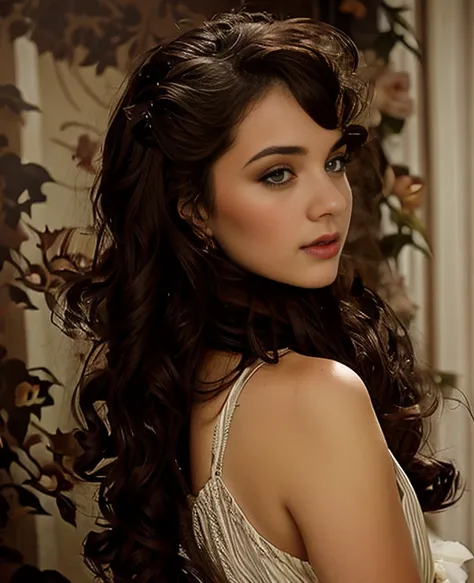 Beautiful woman with dark brown hair, dark brown eyes. She is beautiful. Victorian era, A beautiful woman in a Victorian dress.