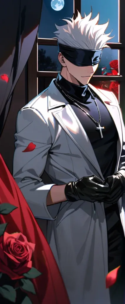 4k, very detailed, hd, Gojou Satoru, white hair, blindfolded eyes, Jujutsu Kaisen, handsome, 1 man only, dressed in a loose black and white coat, black leather gloves, a silver crucifix necklace, window, red curtains, moon, petals, roses,