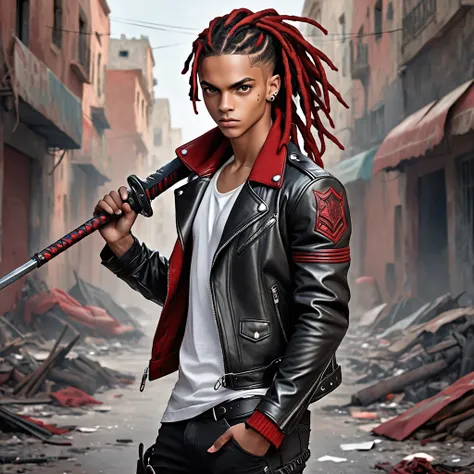 A young guy, dark-skinned, mixed race, gray eyes, sharp facial features, very thin, black and red dreadlocks, dressed in a leather jacket, holding a weapon in his hands