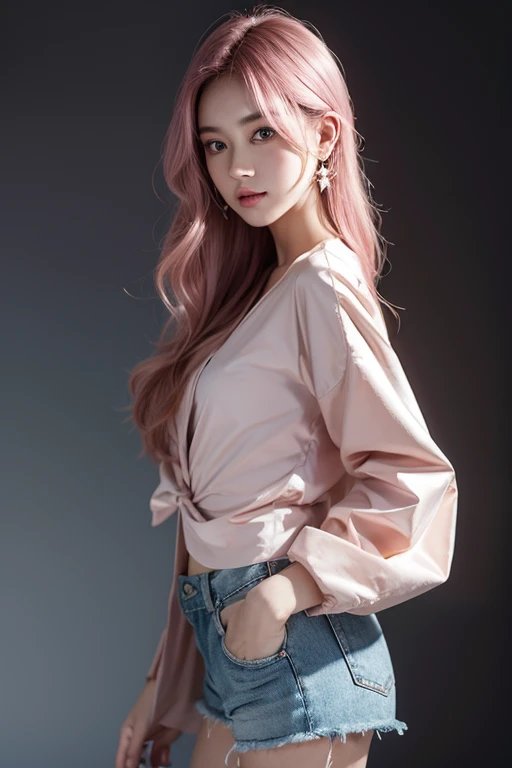 Japanese beauty,(Pink Ash Hair),Long Hair,Wavy Hair,Single knot, Model body type, Normal chest, Raincoat,Short hot pants, Soft Landscape, Key Light,Lots of earrings,Punk Fashion,Body Piercing,Face light,Ear cuff,Symmetrical eyes,Eye contact, Looking at the...