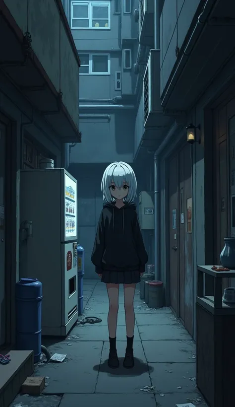 masterpiece, Best Quality, High resolution, Very detailed,(((Cute girl with white hair))), (((Black hoodie)))、(((mini skirt))), (((Vending Machine))), (((Dark Back Alley))), (((There is junk scattered around))), (((pipe))), (((outdoor unit))), (((Expressio...