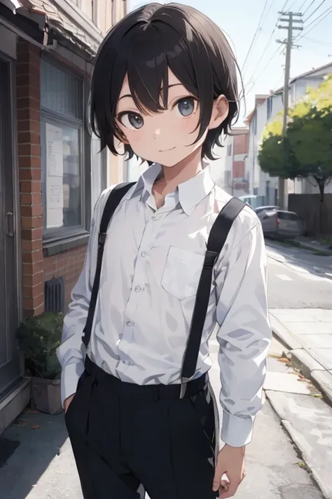 Top quality, masterpiece, one boy, 5th grade elementary school, Long sleeve business shirt, Three Quarter Pants, School uniform, Summer clothes, Elementary school boy, suspenders, Cute Shota