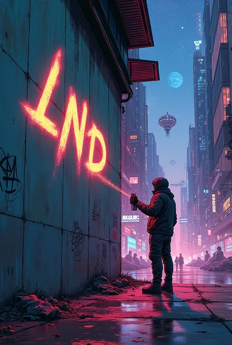  Cyberpunk style comic, epic space, futurist, apocalyptic, Graffiti artist with spray can in hand scratching the word LND on a wall with glitter.