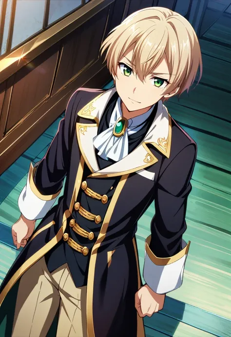 1boy, wavy flaxen hair, green eyes, aristocrat clothes, teenage, arrogant smile, CG