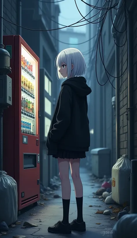 masterpiece, Best Quality, High resolution, Very detailed,(((Cute girl with white hair))), (((Black hoodie)))、(((mini skirt))), (((Vending Machine))), (((Dark Back Alley))), (((There is junk scattered around))), (((pipe))), (((Garbage bag))), (((outdoor un...