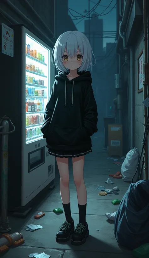 masterpiece, Best Quality, High resolution, Very detailed,(((Cute girl with white hair))), (((Black hoodie)))、(((mini skirt))), (((Vending Machine))), (((Dark Back Alley))), (((There is junk scattered around))), (((pipe))), (((Garbage bag))), (((outdoor un...