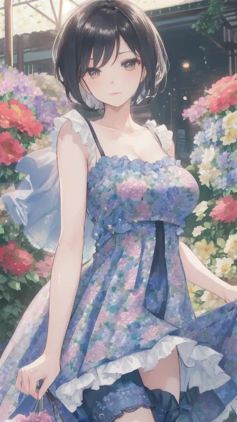 Best Quality 1 Girl, (skindentation), (Huge breasts:1.2), (Blurred Background:0.6), In a crowded amusement park, (Casual yet stylish, Elegant cloth,floral dress:1.5 ), Gorgeous, (Short hair:1.5), Soft Lighting, wind, (Front Light:1.5), surprise, 