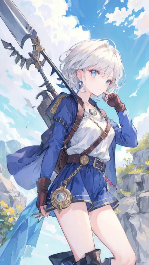 (masterpiece, Best quality:1.1), thief (dq3), 1 Girl, Solitary, Short hair, White hair, Blue Eyes, Medium size breasts, Pink gloves, Jewelry, Pearl Necklace, earrings</input></xml>, belt, sword, Yellow Breastplate, Black jumpsuit, Bag, (coin, sword on hip:...