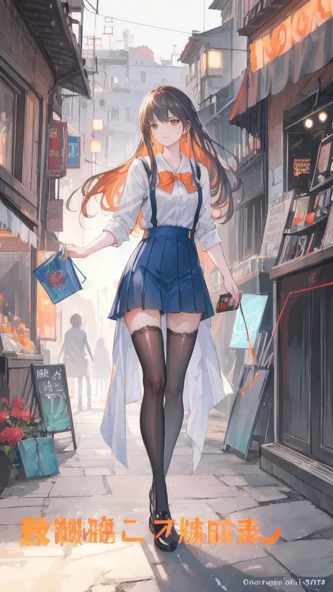 Dim orange moonlight,Dim orange neon light,night,Beautiful girls in school uniforms on the busy streets of Gintama, There are vendors all around, Beautiful portrait of a stunning goddess girl, Fine facial details, porcelain skin, Full body photo, Center, S...