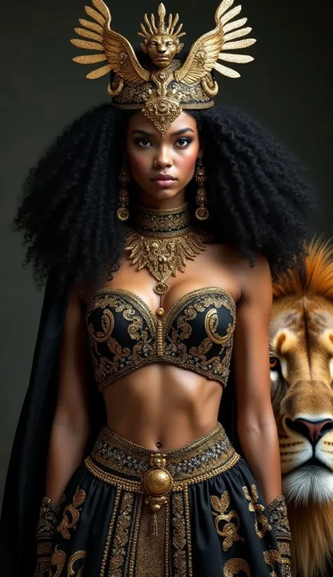 (((Highres:1.5))) (((UHD:1.5))) Craft an opulent portrait of a regal woman embodying the essence of power and majesty. She is adorned in an intricate, bejeweled black and gold crop top that glistens with every subtle movement, matched with a similarly embe...