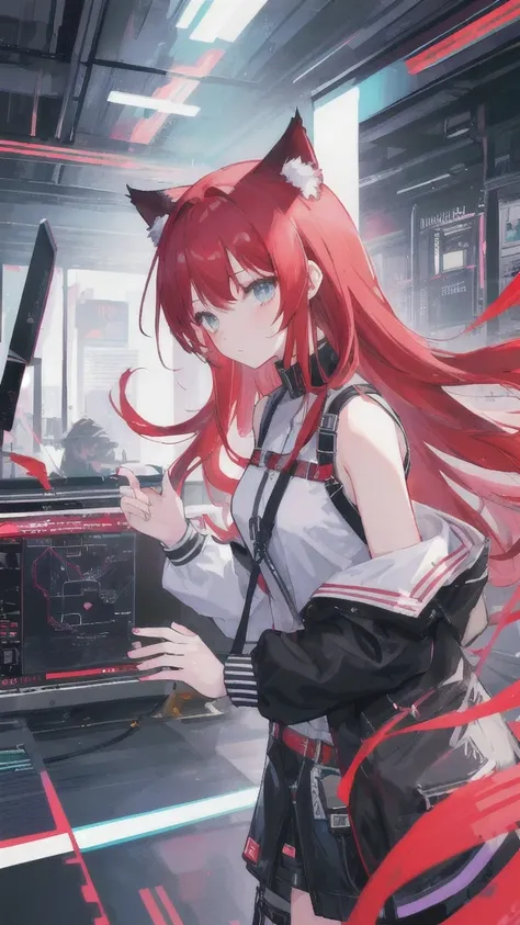 (masterpiece, high quality, Best Quality Official Art, Beautiful and aesthetic:1.2), 1 Girl, Red Hair, Cat ears, (Glitch Art), (Digital Distortion), Pixelated fragments, Data corruption,Colored Noise, Visual confusion,Contemporary Aesthetics