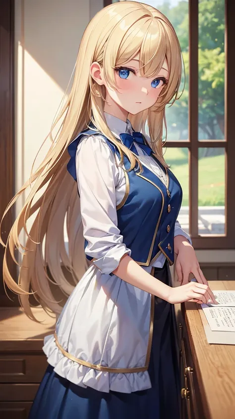 (masterpiece: 1.2, Best quality), Practical, (Practical Picture, Intricate details, Depth of Field), Best qualitymasterpiece, 高度详细Semi Practical, 1 girl, Blue vest, 2, blond, Shoulder-length hair, Left eye covered by hair, Blue Eyes, King&#39;s Clothes, Re...