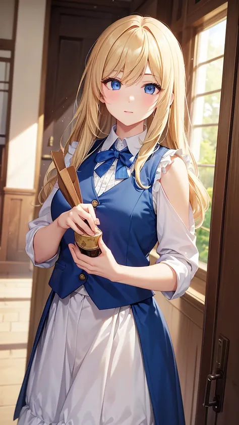 (masterpiece: 1.2, Best quality), Practical, (Practical Picture, Intricate details, Depth of Field), Best qualitymasterpiece, 高度详细Semi Practical, 1 girl, Blue vest, 2, blond, Shoulder-length hair, Left eye covered by hair, Blue Eyes, King&#39;s Clothes, Re...