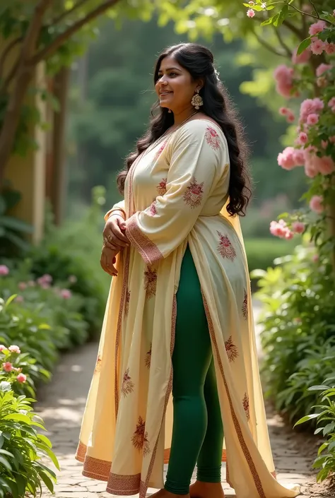 Beautiful indian plus size chubby women in kurti legging churidar tight in a beautiful garden hot flying kurti, cream legging, green slit open kurti,big breast,big ass, huge ass,full body image, a quarter back side view