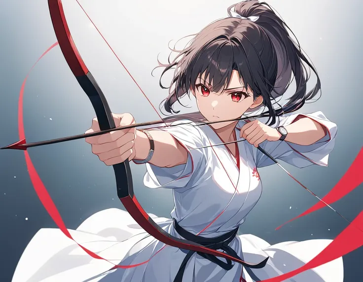 anime style,one woman,kyudo club,drawing a bow,long bow and arrow,take aim,concentrated,black hair,ponytail,red eyes,shining eye...