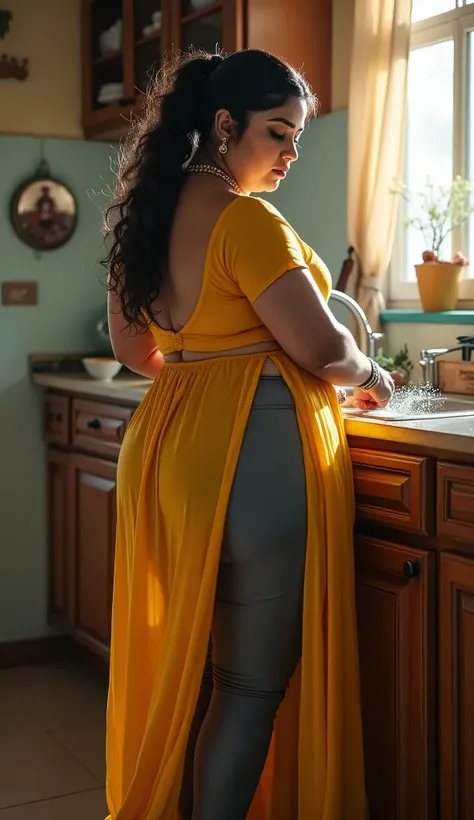 Beautiful indian plus size chubby women in kurti legging churidar tight in kitche  washing dishes hot flying kurti, Gray legging, yellow slit open kurti,ornaments,big breast,big ass, huge ass,full body image,a quarter back side view