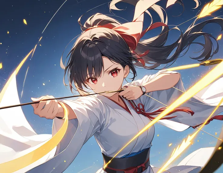 Anime Style,One woman,Kyudo Club,Drawing a bow,Long Bow and Arrow,Take aim,concentrated,Black Hair,ponytail,Red eyes,Shining Eyes,Shining Eyesのハイライト,White Robe Like a Ruby,Black Belt,Has a bow and arrow,Pull,矢に光がconcentrated,Light Powder,Mysterious,Express...