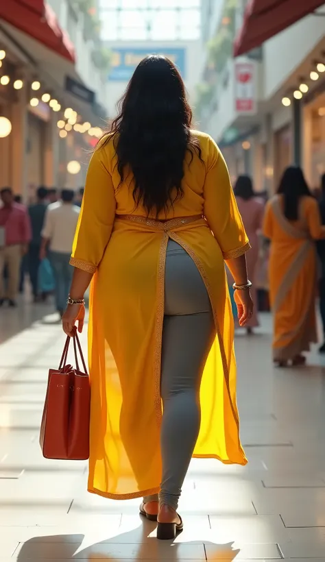 Beautiful indian plus size chubby women in kurti legging churidar tight in a shopping mall hot flying kurti, Gray legging, yellow slit open kurti,big breast,big ass, huge ass,full body image,back side view