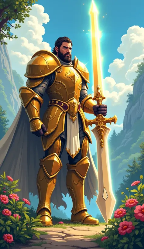 16bix pixel game illustration, epic fantasy art, paladin in full legendary golden armor stands firmly looking at the viewer, his hands resting on giant sword shimmering with ethereal light, beautiful nature, flowers, sunny.