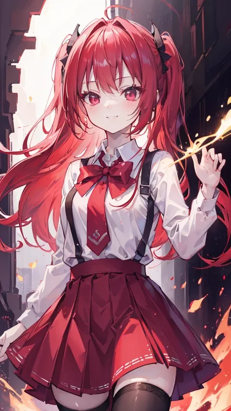 highly Detailed, 8K, masterpiece, 1 Girl, Red Tie_hair, skirt , Crazy_Smile, (Perfect_Face), Detailed_background, Full_Body, bloom,(Beautiful lighting:1.3), Caustics, Dynamic lighting from_below 