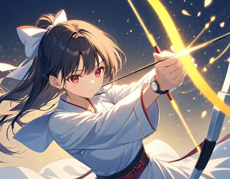 Anime Style,Has a bow1人の女性,Kyudo Club,The woman is drawing a bow,Long Bow and Arrow,Take aim,concentrated,Black Hair,ponytail,Red eyes,Shining Eyes,Shining Eyesのハイライト,White Robe Like a Ruby,Black Belt,Has a bow,Draw the bow,矢に光がconcentrated,Light Powder,My...