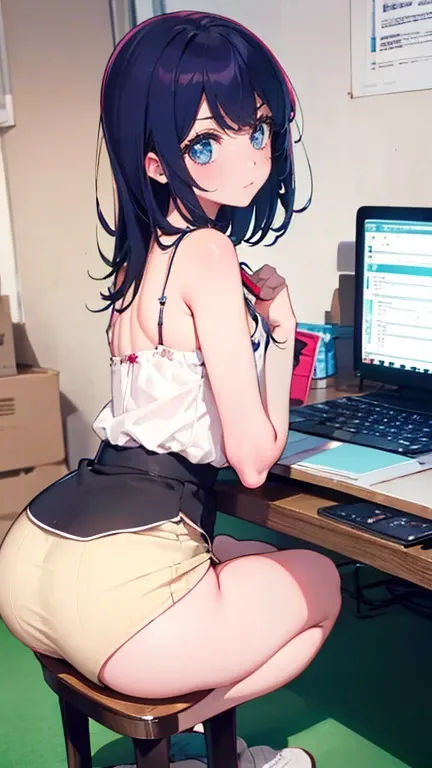 Loose-fitting camisole,Tight skirt,Leaning forward,Focus on the chest,Pick up lost property,Small breasts,Big Butt,squat,Cleavage exposed,Looking down shot,company employee,Relax at home,Gap between breasts,Chest to chest separation,Side shot