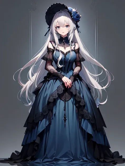 (masterpiece:1.2), highest quality, 1 female, alone, long long gray hair,   very long hair, bangs, (dark blue background:1.4), dark blue eyes, black bonnet with dark blue rose decoration, black gothic dress
