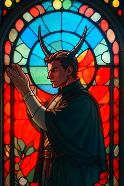 a demon: fire: liam neeson: qui-gon jinn: the devil: (stained glass window) red: religious: horns: