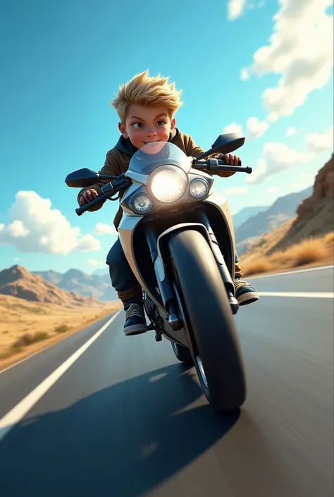 A boy riding a motor bike in full speed in the highway road