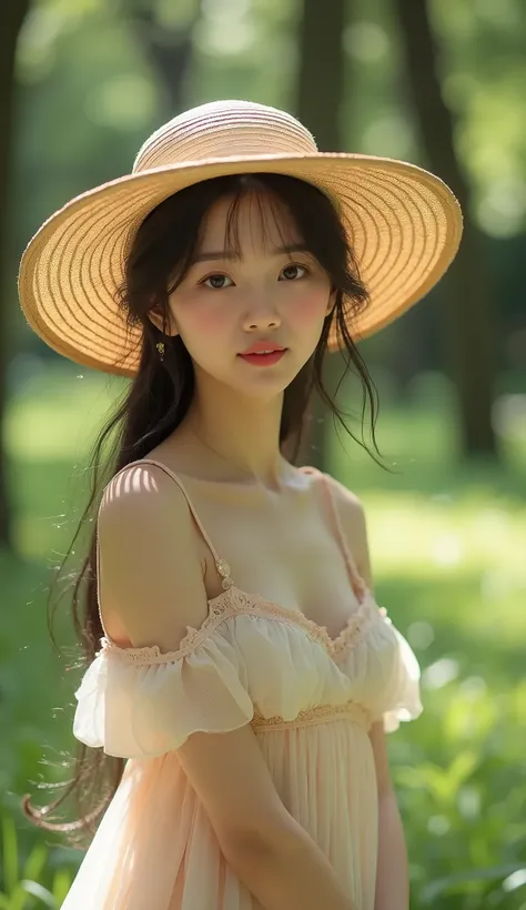 High-quality artistic photo, portrait of one beautiful Japanese girl, dress, straw hat, sunlight through trees, European-style garden, f1.2, realistic skin textures.