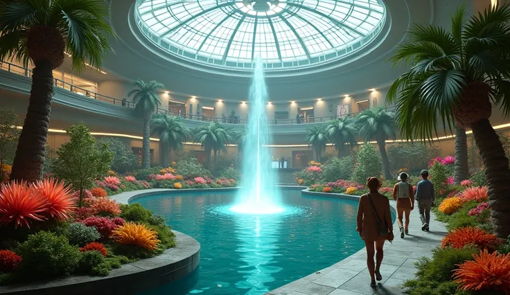 "An expansive, retro-futuristic indoor garden aboard a massive mother ship, filled with glowing alien plants under a glass dome. The garden has soft ambient light, with paths winding between bioluminescent flowers and trees. In the center, a fountain with ...