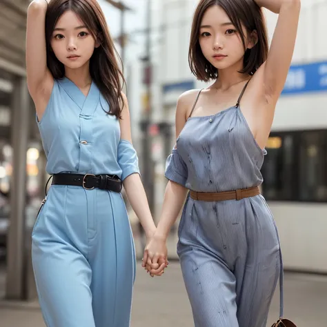 realistic young japanese cute woman,((((a very cute japanese anorexic woman is holding hand strap with right hand and holding sm...