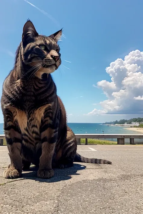 A cat that transforms into Godzilla and roars to destroy a city beside the sea and a beautiful blue sky.