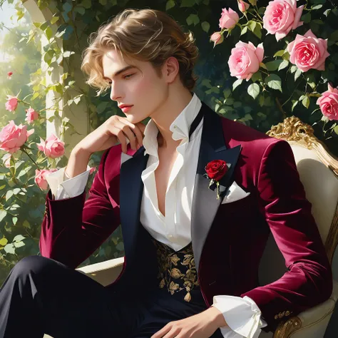 create an image of a young man, inspired by the characteristics of the "prince" rose the male model should stand in a regal and ...